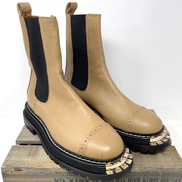 Sandro Leather Metal Plate Ankle Boots With Notched Sole In Tan Size 8.5 / 9 - Picture 1 of 15